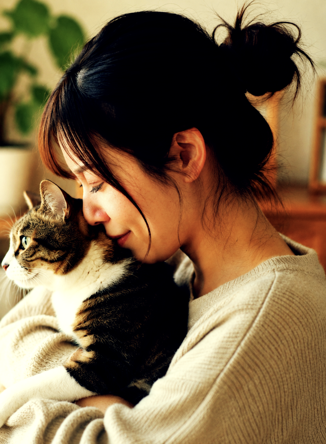 猫ちゃんと再会している女性のイメージ