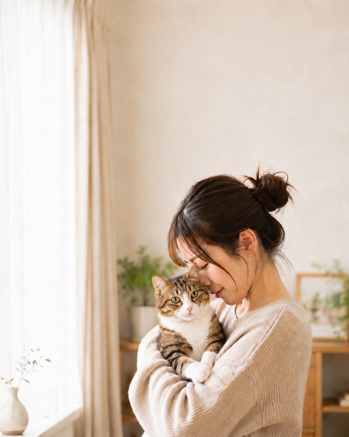 無事に帰ってきた猫ちゃんを抱きしめる飼い主様